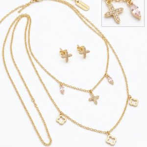 Set-de-Collar-Doble-y-Aretes-en-Oro-Laminado-con-Dijes-de Cruz-y-Circones